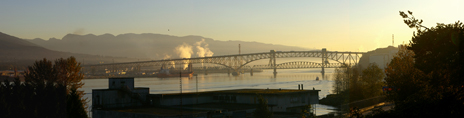 Ironworkers Memorial Bridge (with old Second Narrows railway bridge behind), Second Narrows Crossing, Burrard Inlet, B.C. Photo: A. Sorfleet